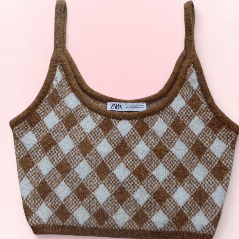 Zara Brown and White Argyle Crop Tank Top